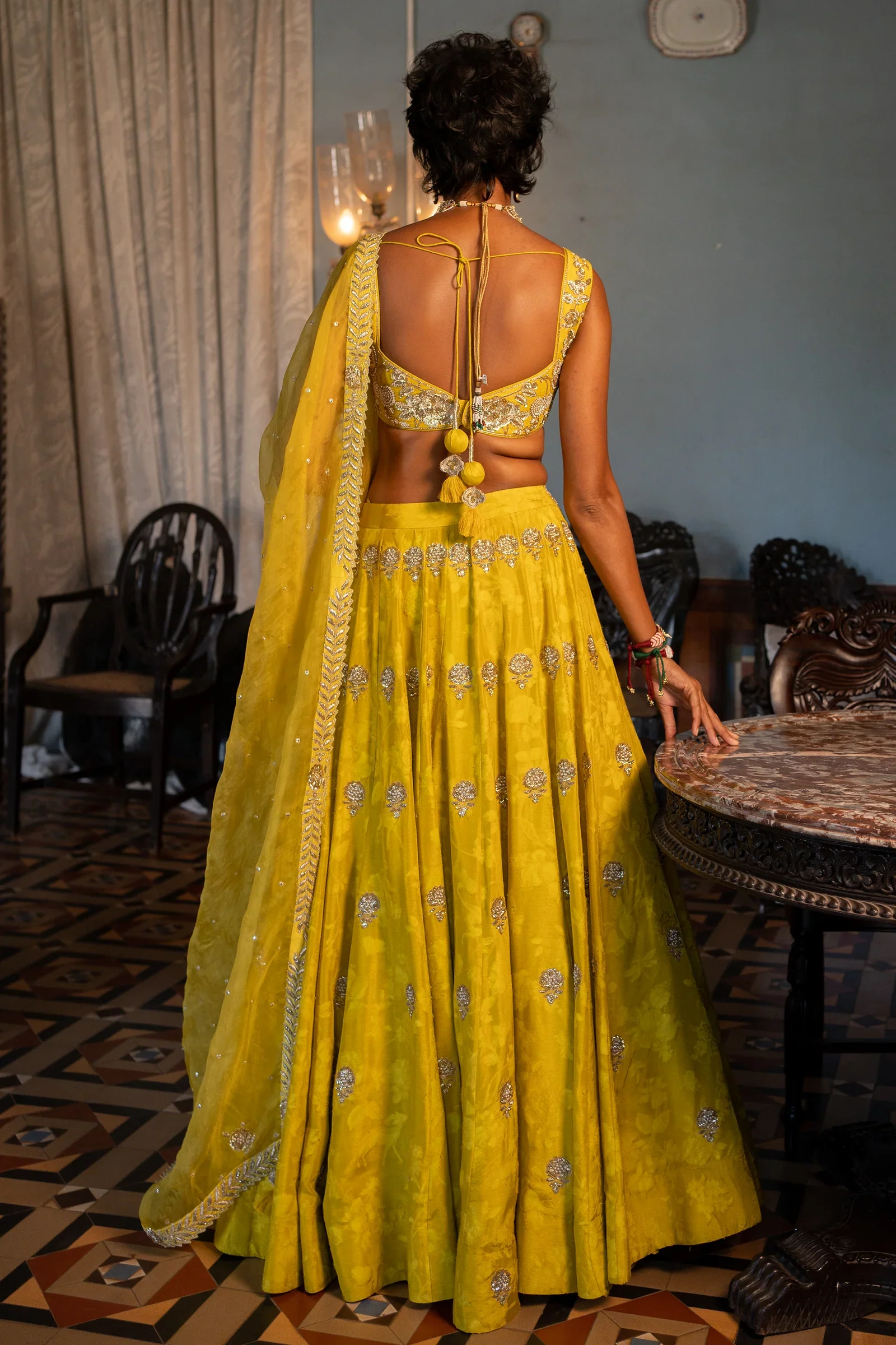 Lime Yellow Self–Woven Russian Jacquard Lehenga Set - Image 3