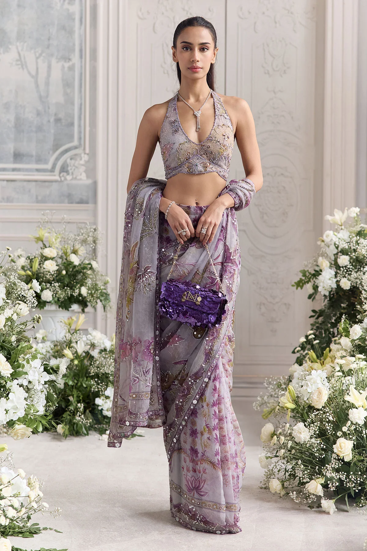 LINA - Embroidered Halter Neck Predrape Saree
