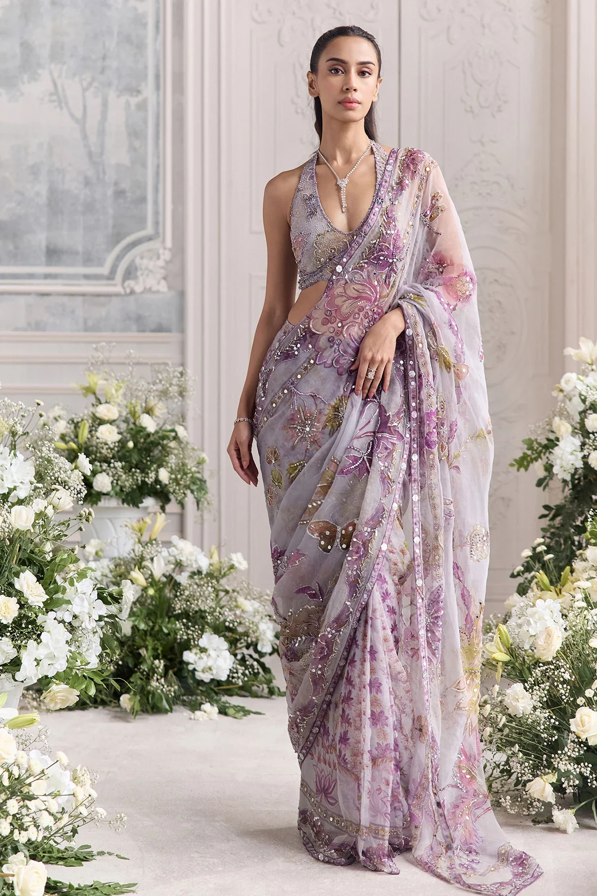 LINA - Embroidered Halter Neck Predrape Saree - Image 4