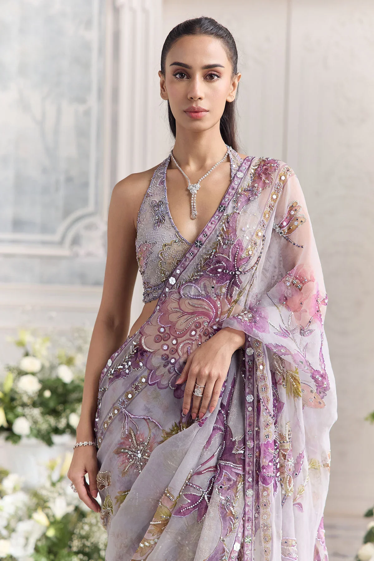 LINA - Embroidered Halter Neck Predrape Saree - Image 5