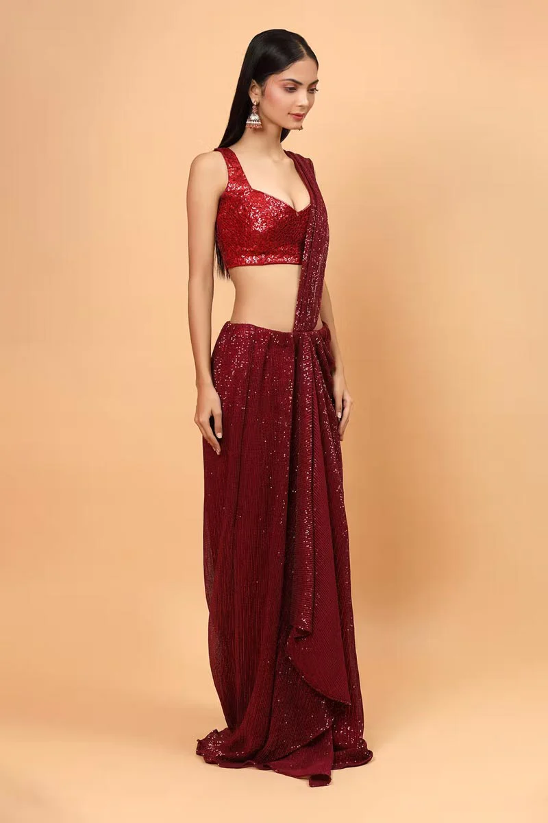 Lycra Pre-Draped Saree With Embroidered Blouse - Image 3