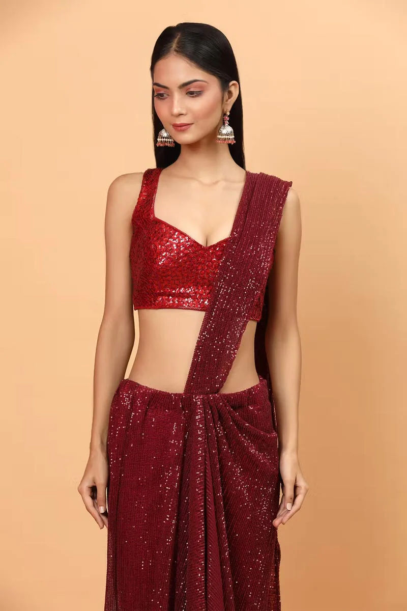 Lycra Pre-Draped Saree With Embroidered Blouse - Image 4