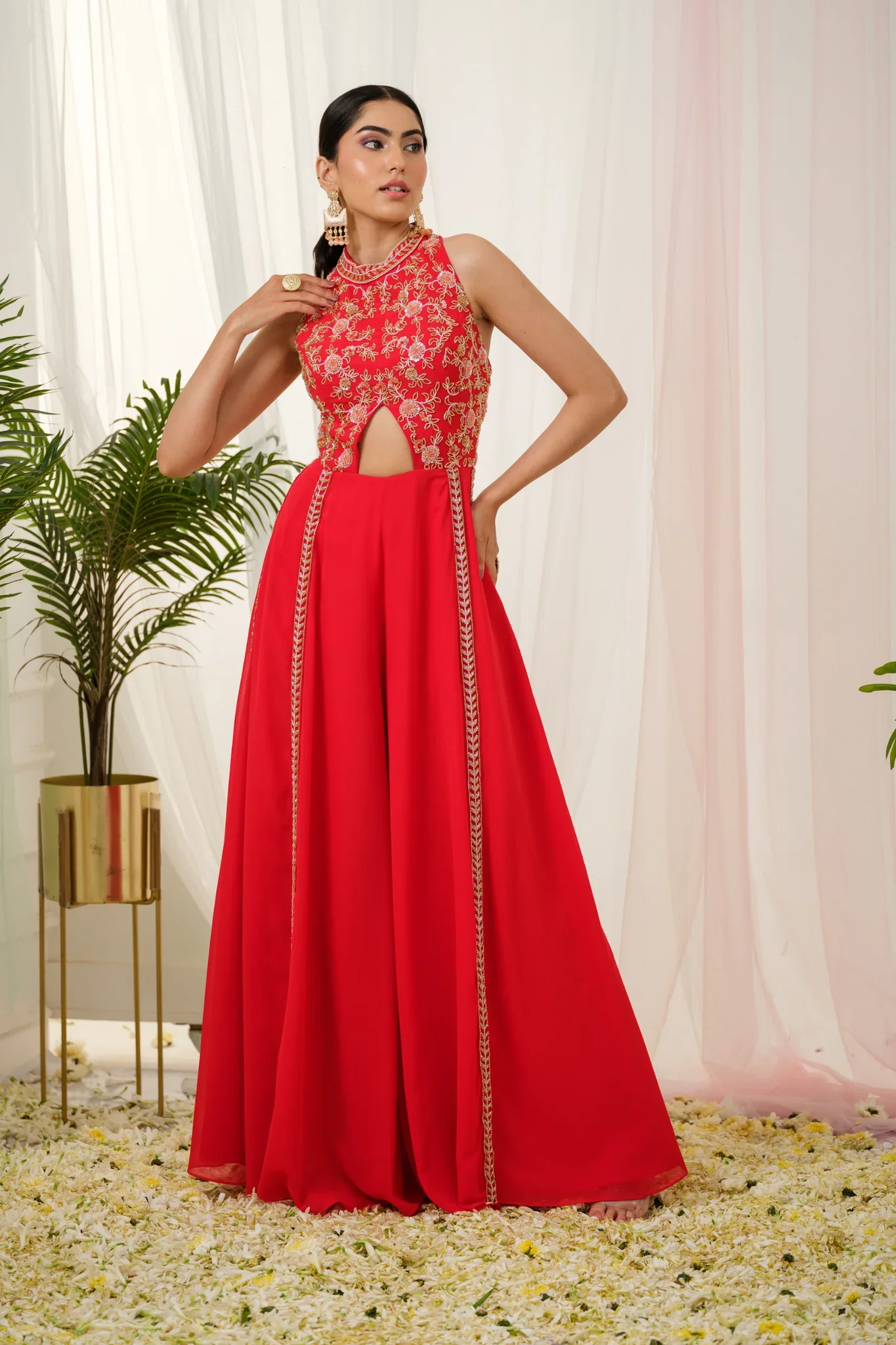 Lyric Striking Red Georgette Handcrafted Kalidar Jumpsuit - Image 3