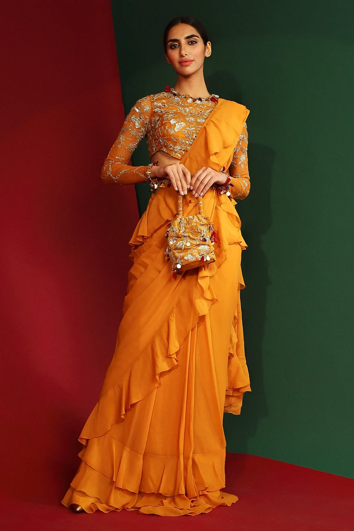 Mahika Marigold Yellow Ruffle Pre Drape Saree - Image 3