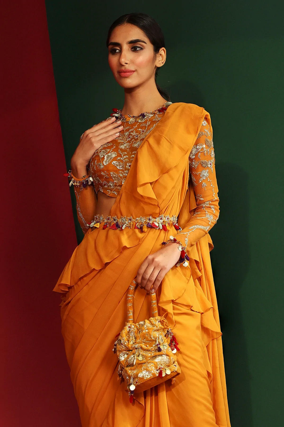 Mahika Marigold Yellow Ruffle Pre Drape Saree - Image 4