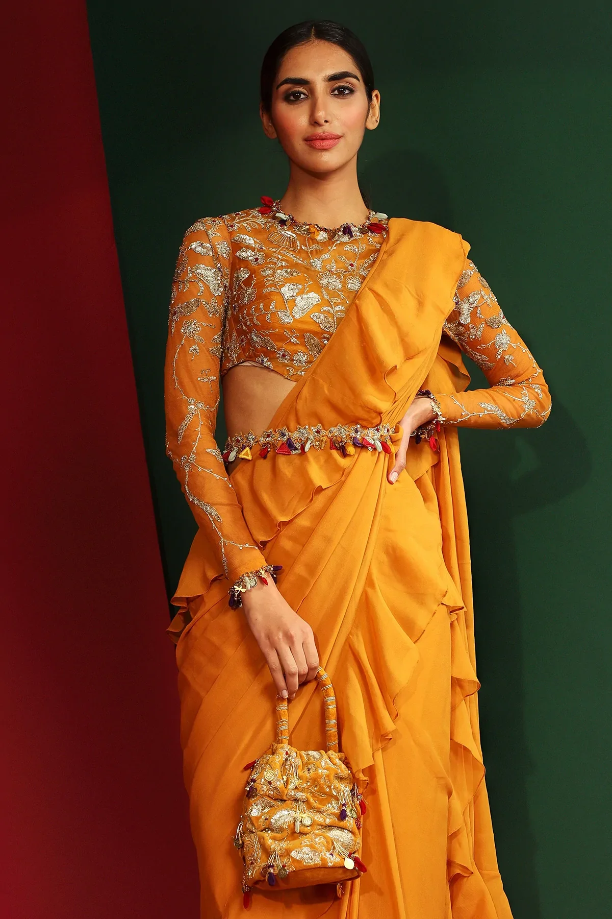 Mahika Marigold Yellow Ruffle Pre Drape Saree - Image 5