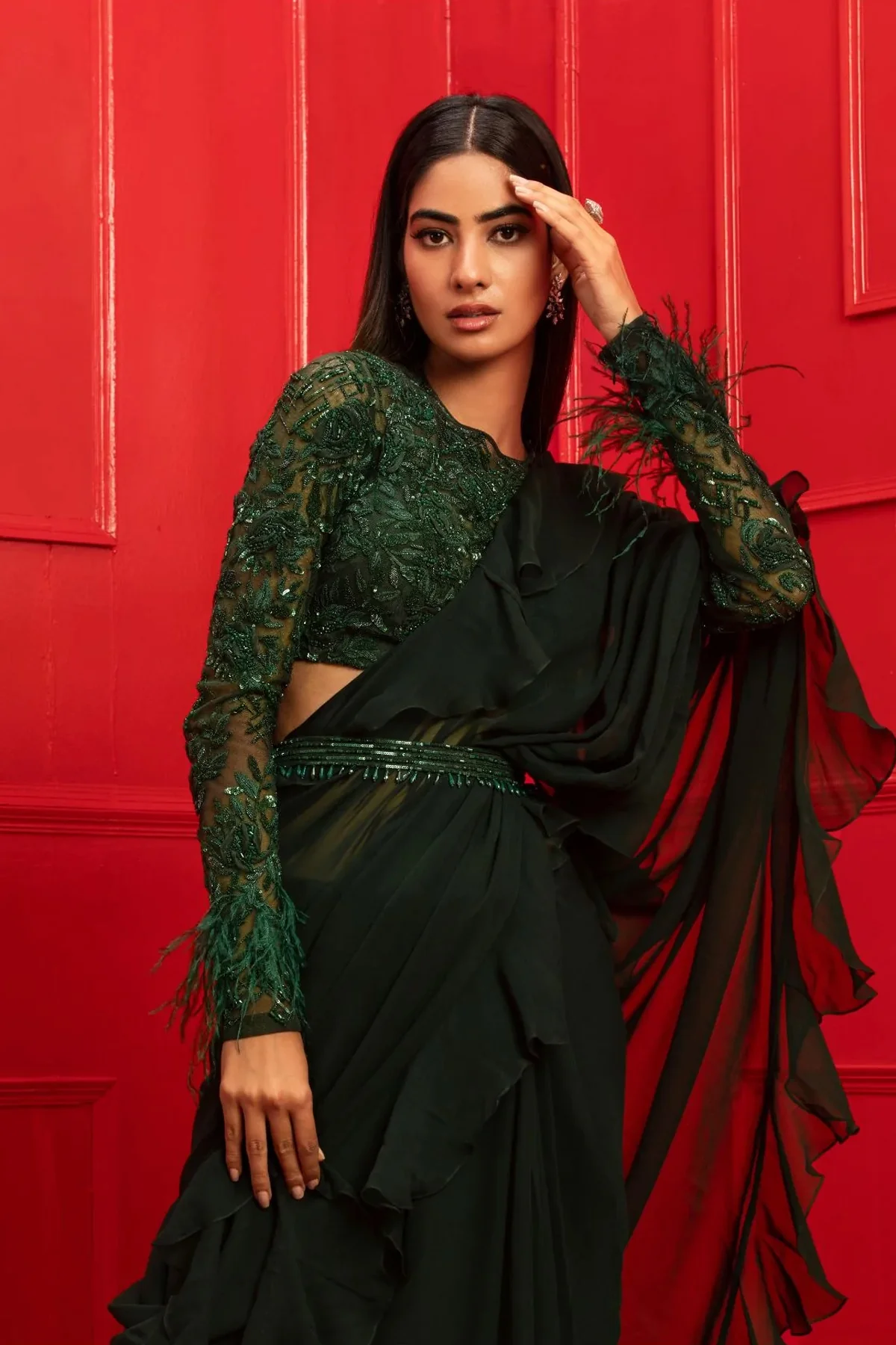 Manahil Green Ruffled Saree Set - Image 4