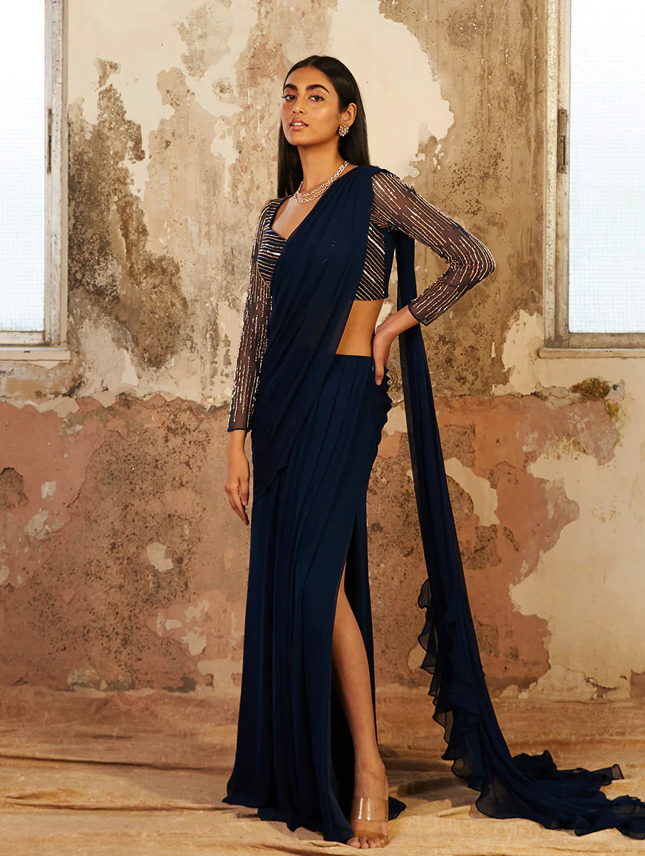 MARINA - Blue Pre-Draped and Pre-Stitched Saree - Image 3