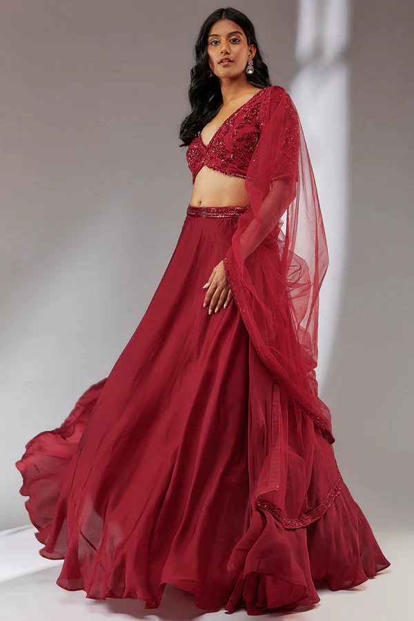 Maroon Hand Embroidered Lehenga Set
