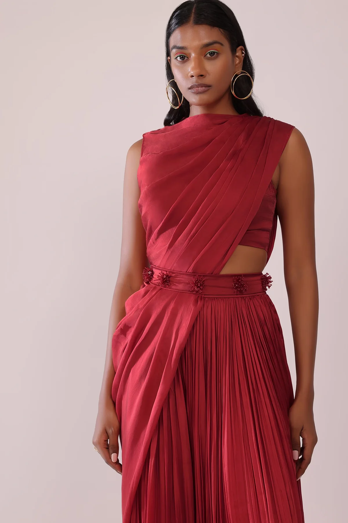 Maroon Red Satin Fabricated Bustier And Palazzo Set With Patch Work - Image 3