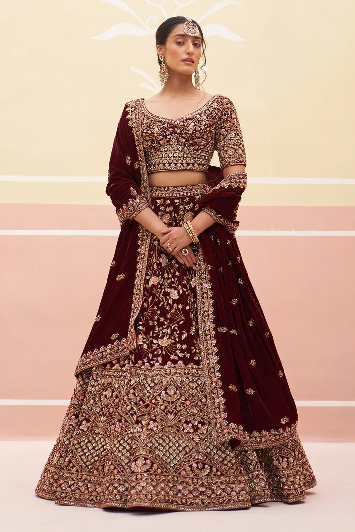 Maroon Velvet Lehnga Set - Image 2