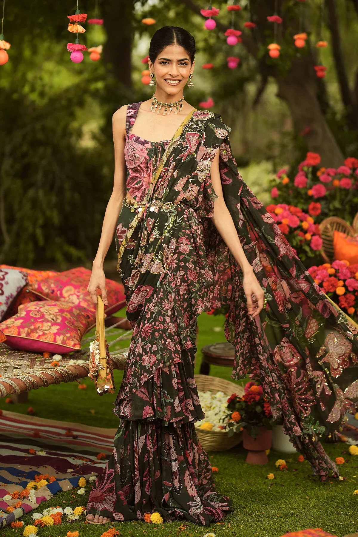 MARYAM - Embroidered Ruffle Saree Corset Styled Include Mm Gold Belt