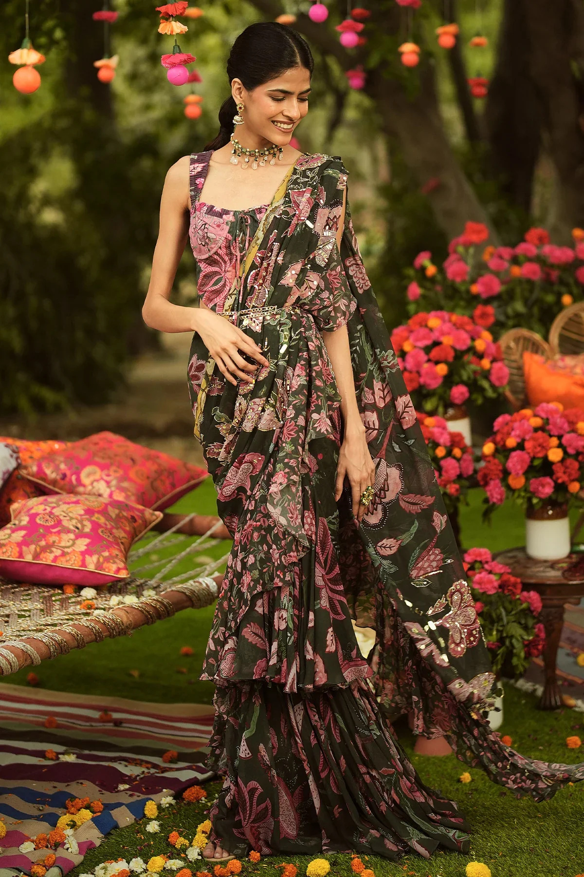 MARYAM - Embroidered Ruffle Saree Corset Styled Include Mm Gold Belt - Image 5