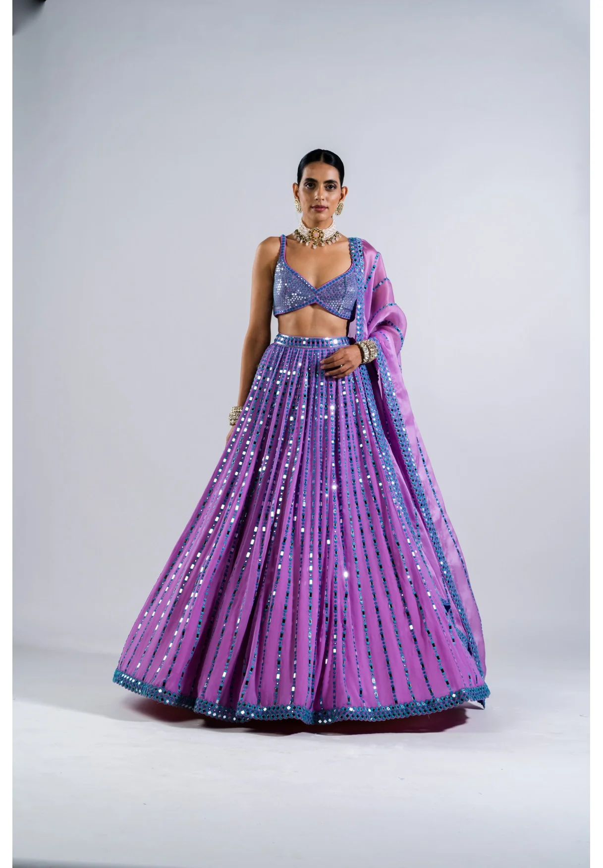 Mauve Linear Drop Lehenga With Metallic Blouse