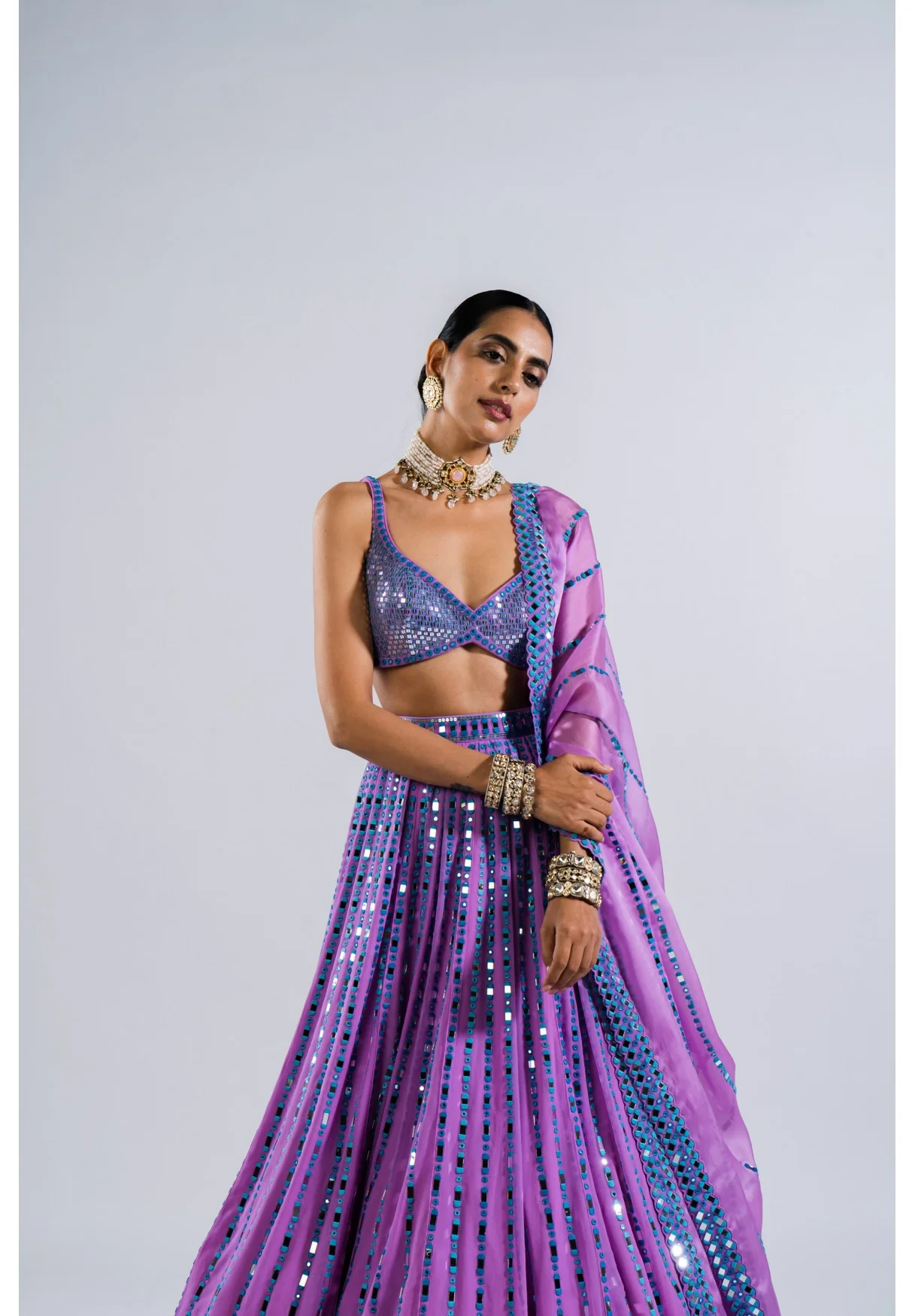 Mauve Linear Drop Lehenga With Metallic Blouse - Image 3