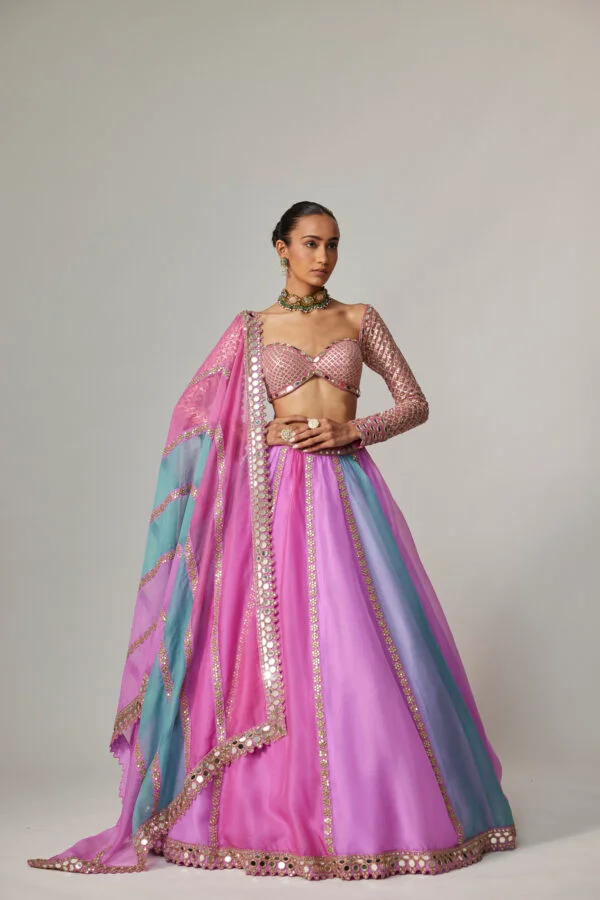 Mauve Multicolor Linear Lehenga With Sweetheart Full Sleeve Blouse - Image 5