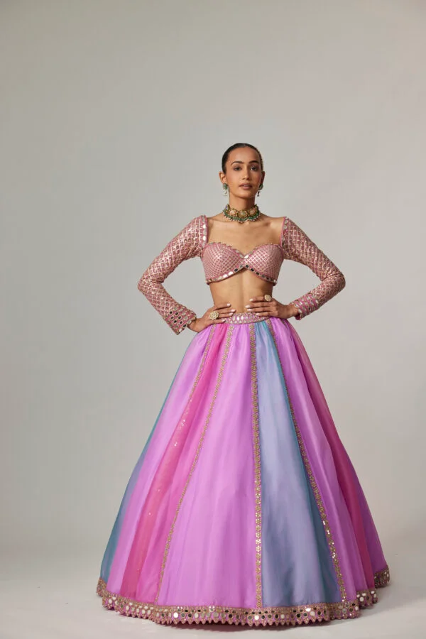 Mauve Multicolor Linear Lehenga With Sweetheart Full Sleeve Blouse - Image 6
