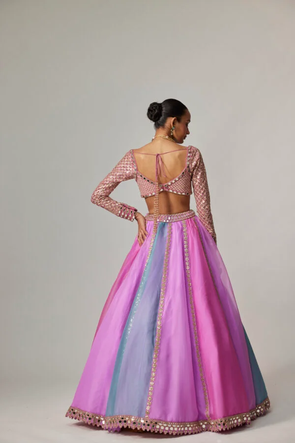 Mauve Multicolor Linear Lehenga With Sweetheart Full Sleeve Blouse - Image 7