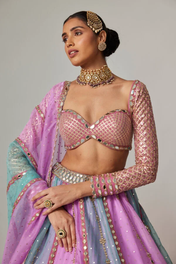 Mauve Multicolor Sequin Scattered Lehenga With Sweetheart Full Sleeve Blouse - Image 2