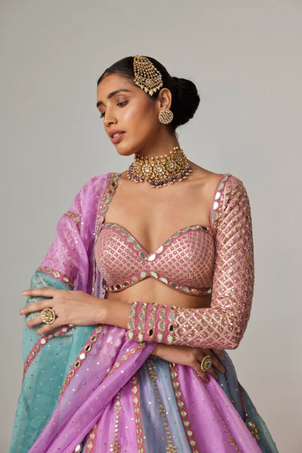 Mauve Multicolor Sequin Scattered Lehenga With Sweetheart Full Sleeve Blouse - Image 3
