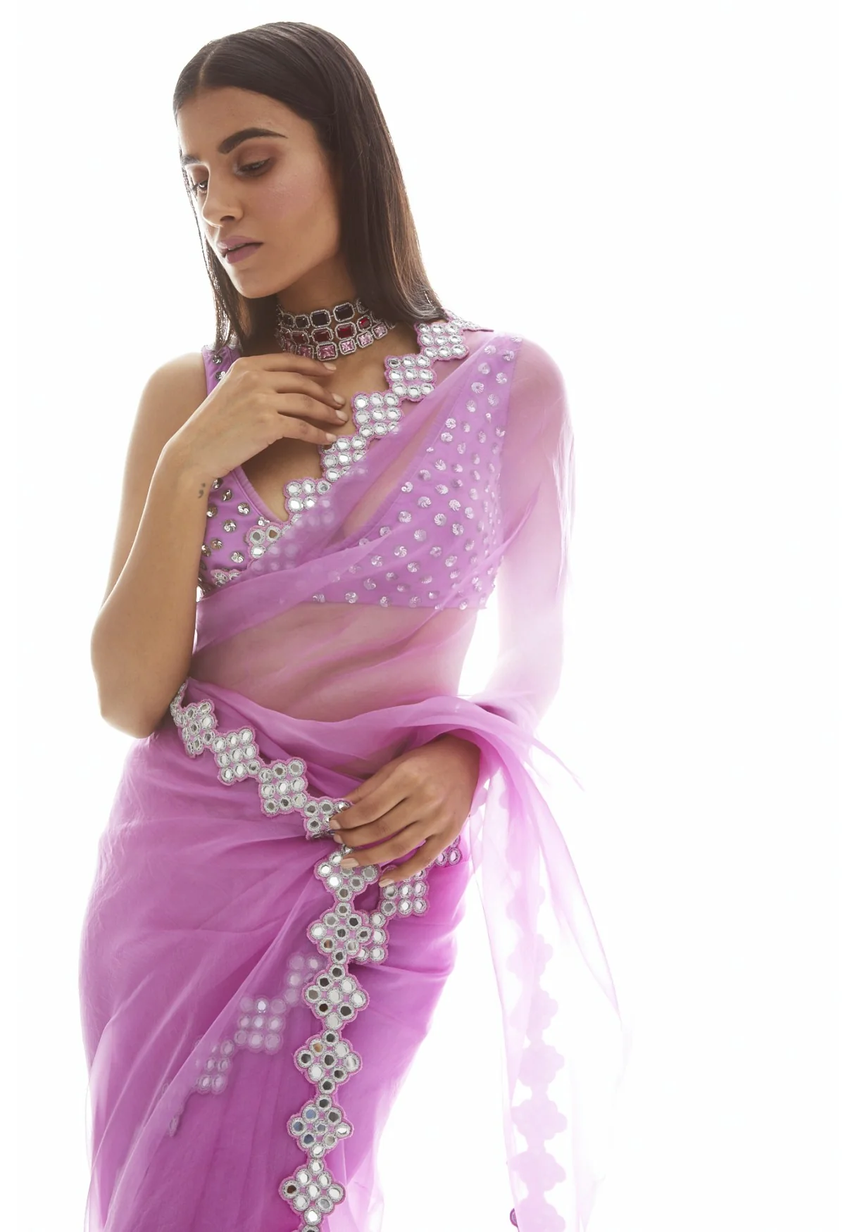 Mauve Organza Mirror Border Saree - Image 3