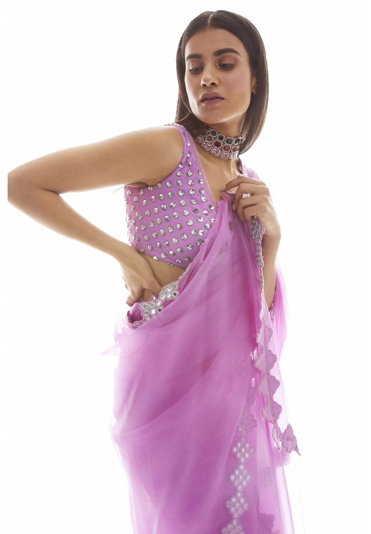 Mauve Organza Mirror Border Saree - Image 4