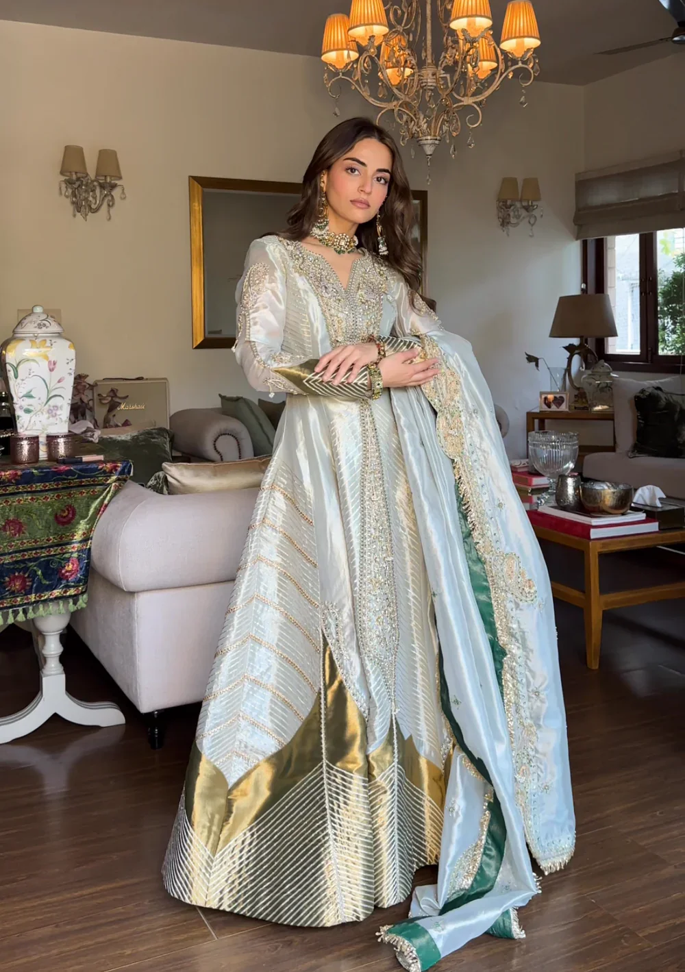 Mehak Bakshi in Pearl Gold Silk Zari Tissue Anarkali