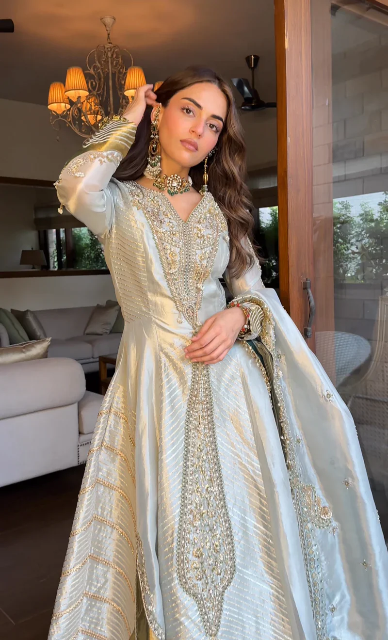 Mehak Bakshi in Pearl Gold Silk Zari Tissue Anarkali - Image 2