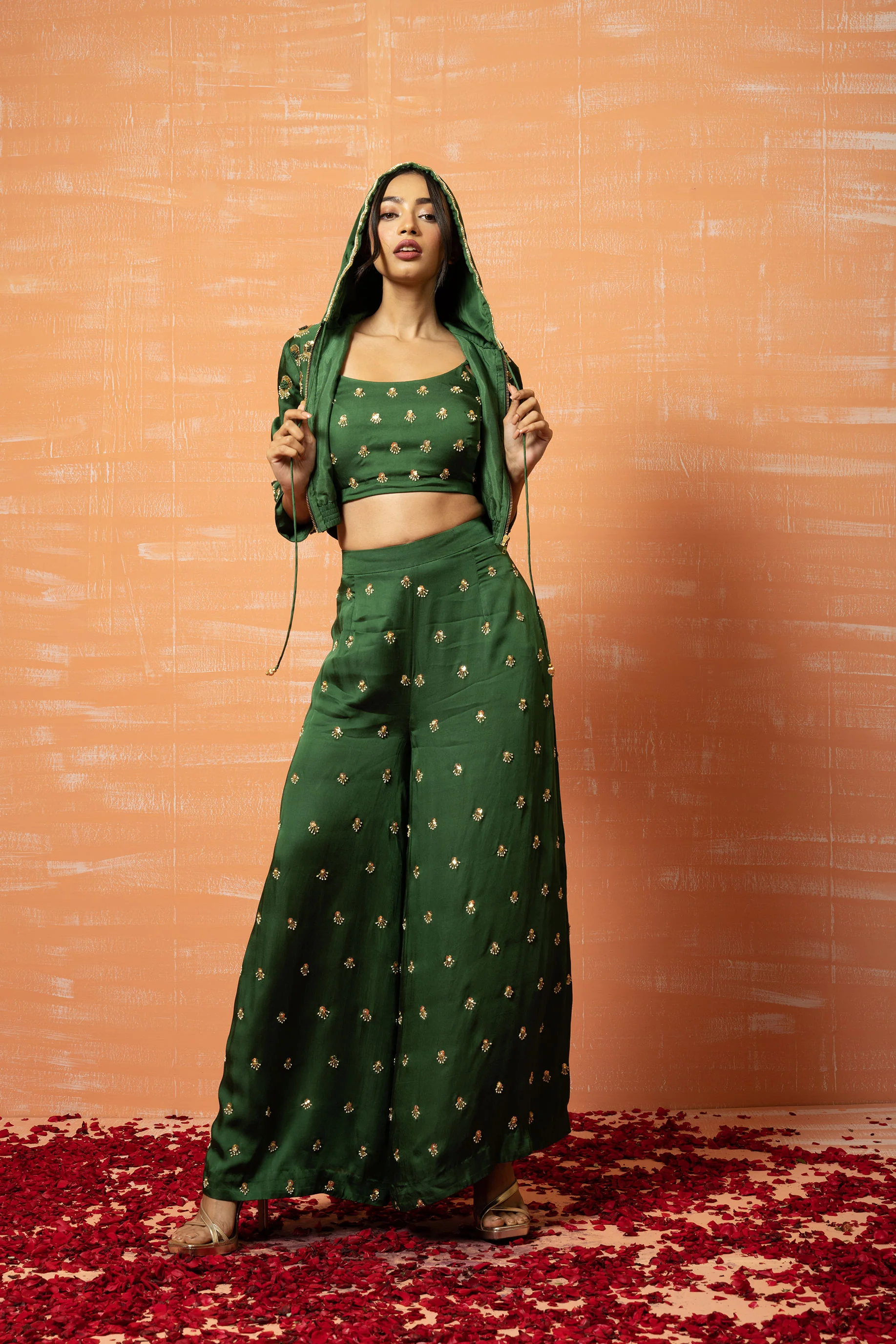 Mehendi Green Embroidered Palazzo Pant Set