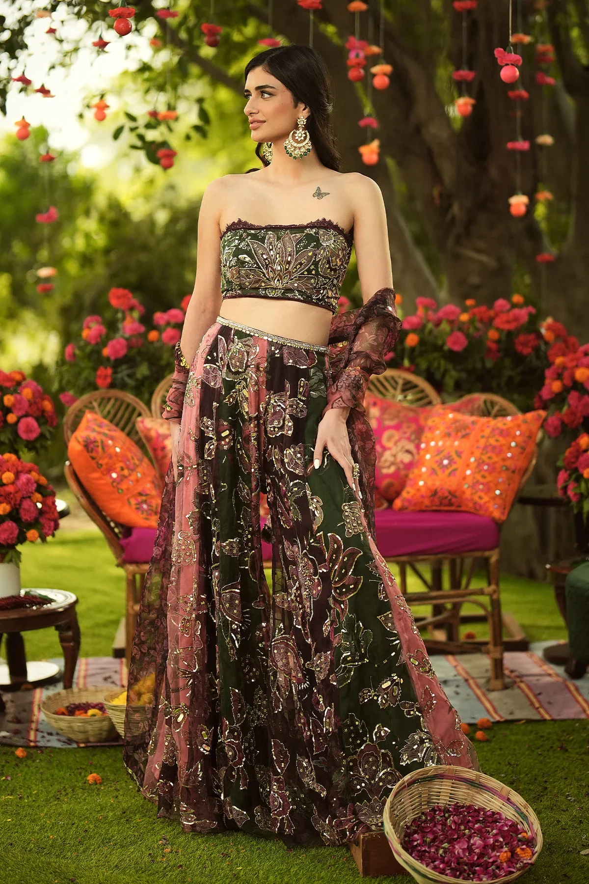 MEHREEN - Embroidered Tube Blouse, Lace Detailing Multi Panelled Sharara And Dupatta - Image 3
