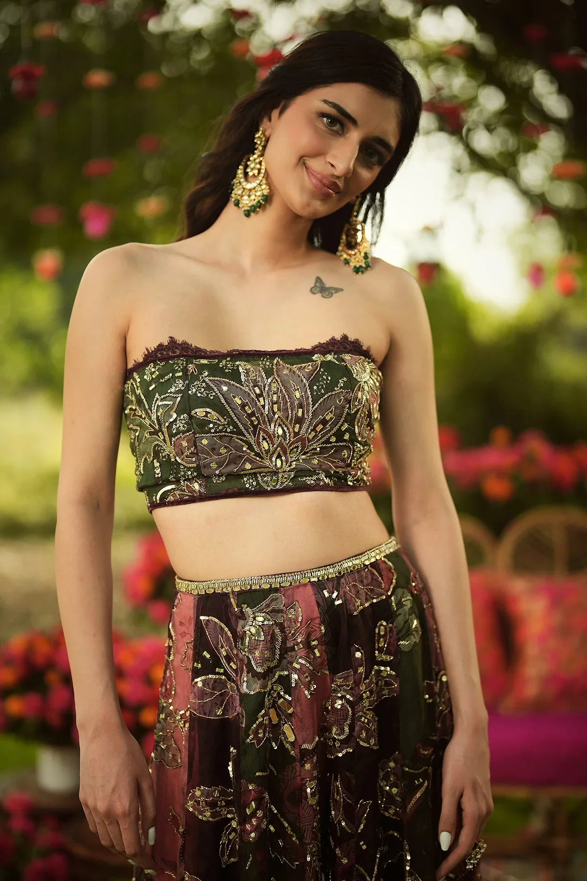 MEHREEN - Embroidered Tube Blouse, Lace Detailing Multi Panelled Sharara And Dupatta - Image 4