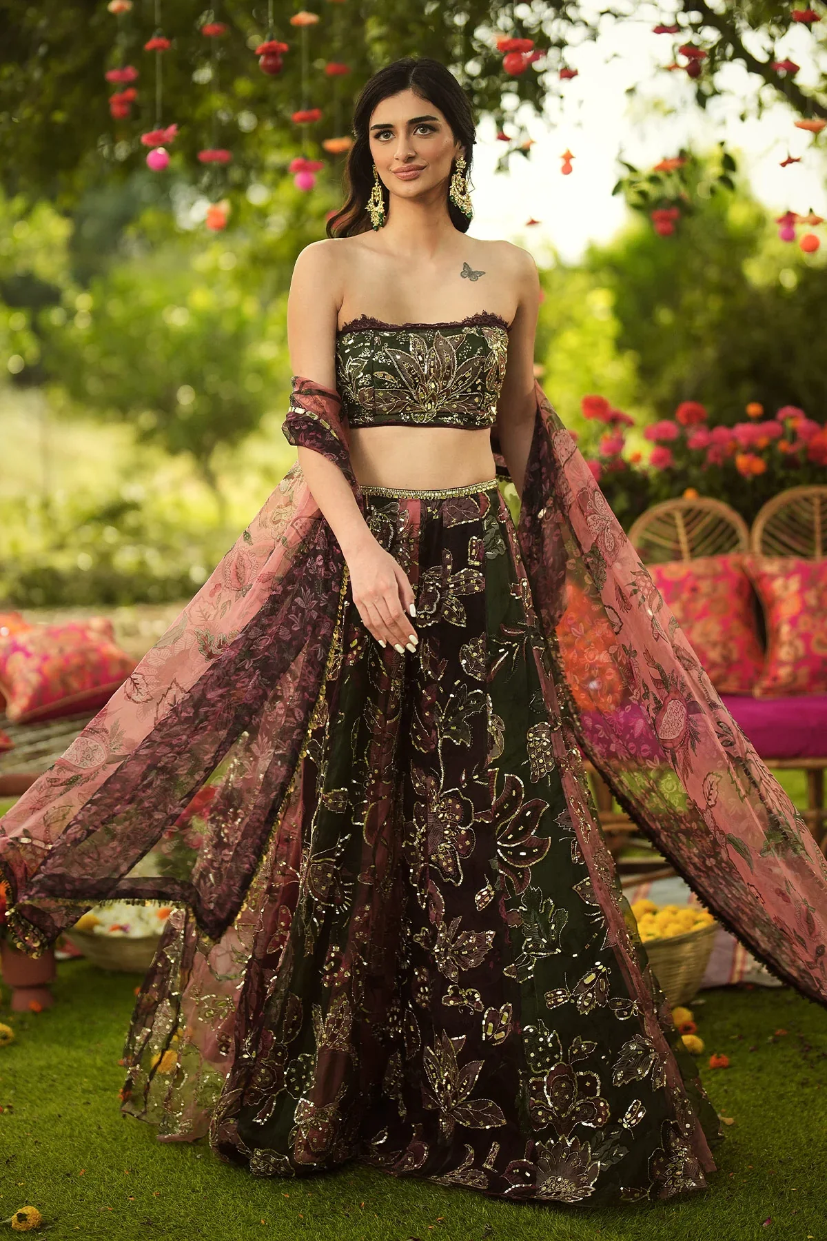 MEHREEN - Embroidered Tube Blouse, Lace Detailing Multi Panelled Sharara And Dupatta - Image 5