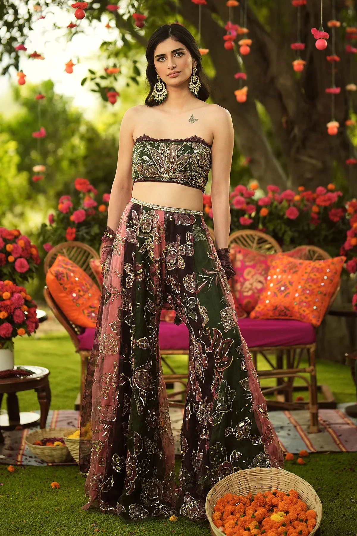 MEHREEN - Embroidered Tube Blouse, Lace Detailing Multi Panelled Sharara And Dupatta - Image 6