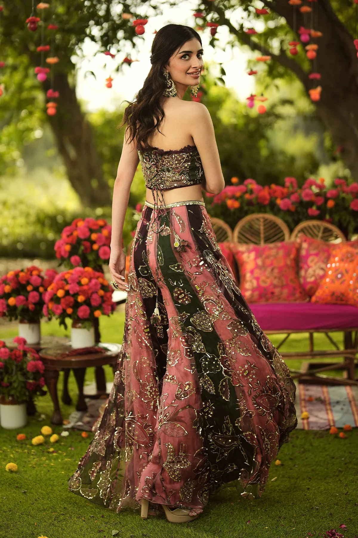 MEHREEN - Embroidered Tube Blouse, Lace Detailing Multi Panelled Sharara And Dupatta - Image 7