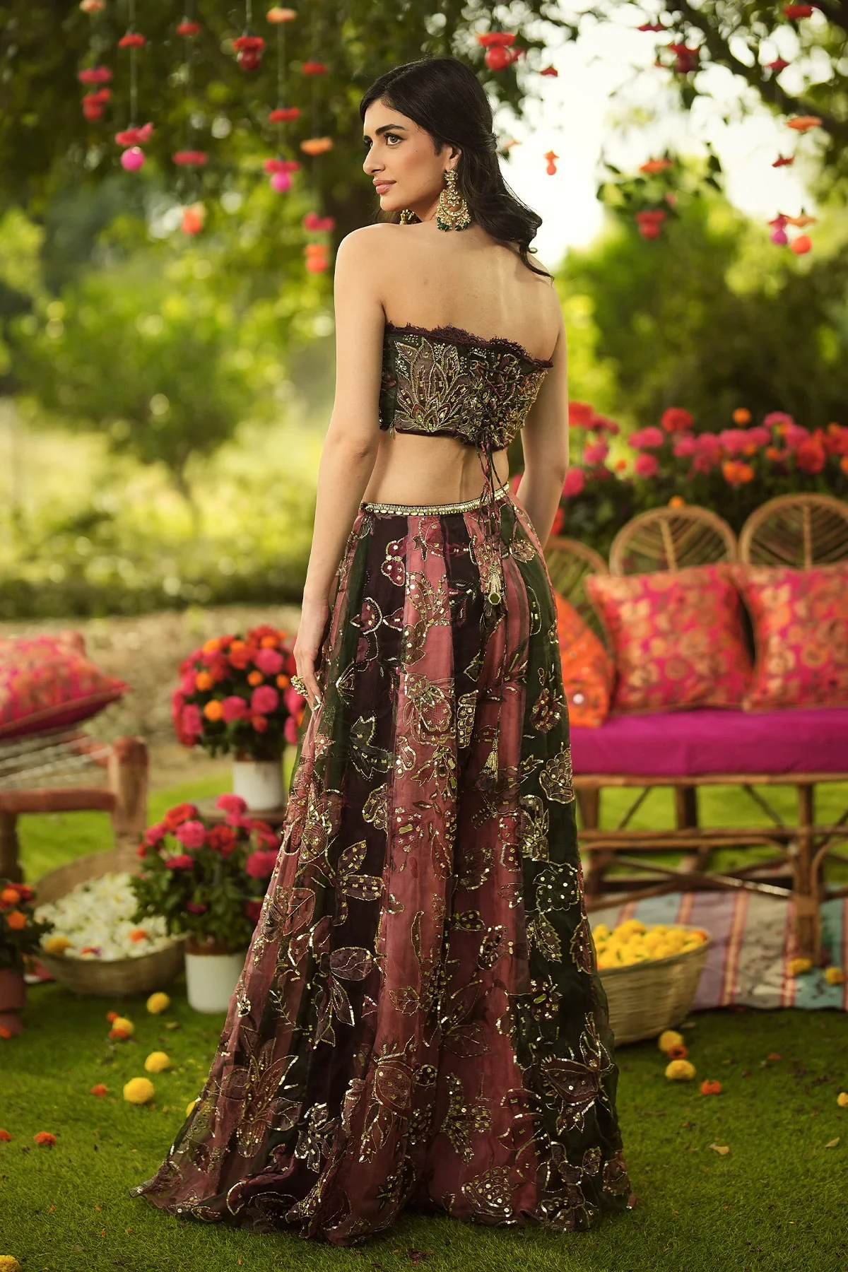 MEHREEN - Embroidered Tube Blouse, Lace Detailing Multi Panelled Sharara And Dupatta - Image 8