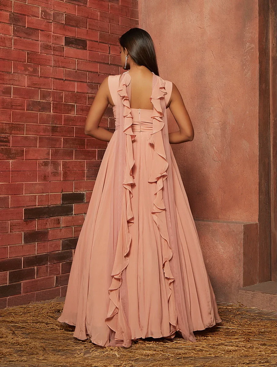 MEISHA - Soft Pink Crepe Corset Anarkali Gown - Image 2