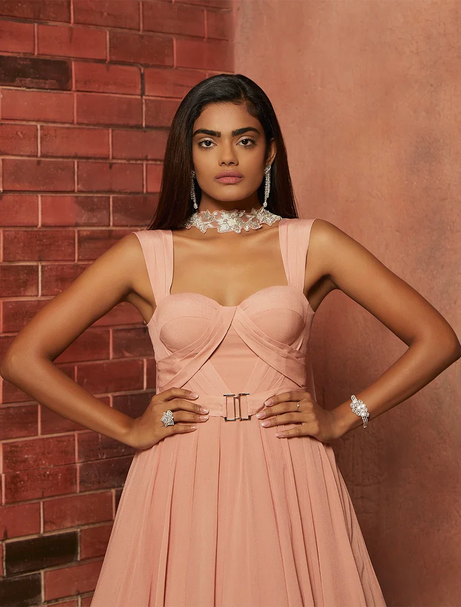 MEISHA - Soft Pink Crepe Corset Anarkali Gown - Image 3