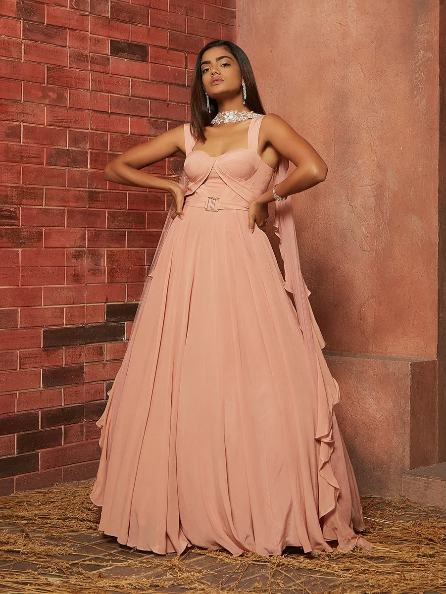 MEISHA - Soft Pink Crepe Corset Anarkali Gown - Image 4