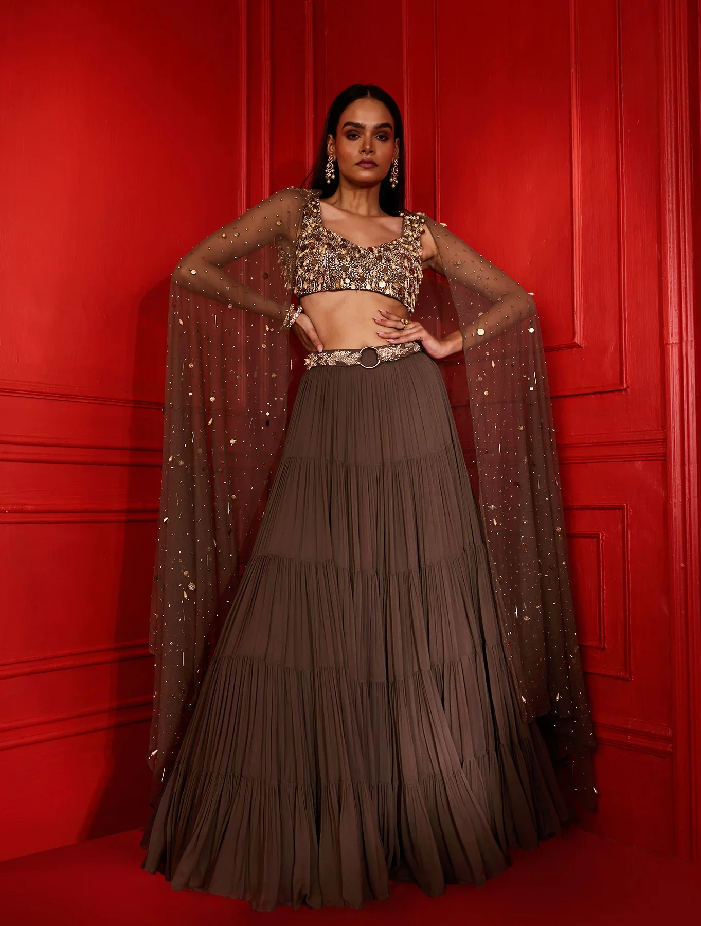 MELIA - Military Brown Tiered Georgette Lehenga