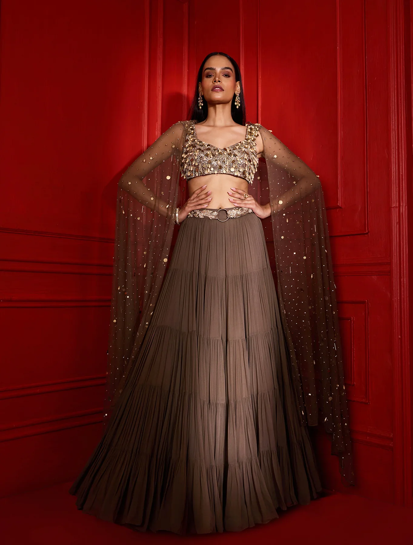 MELIA - Military Brown Tiered Georgette Lehenga - Image 3