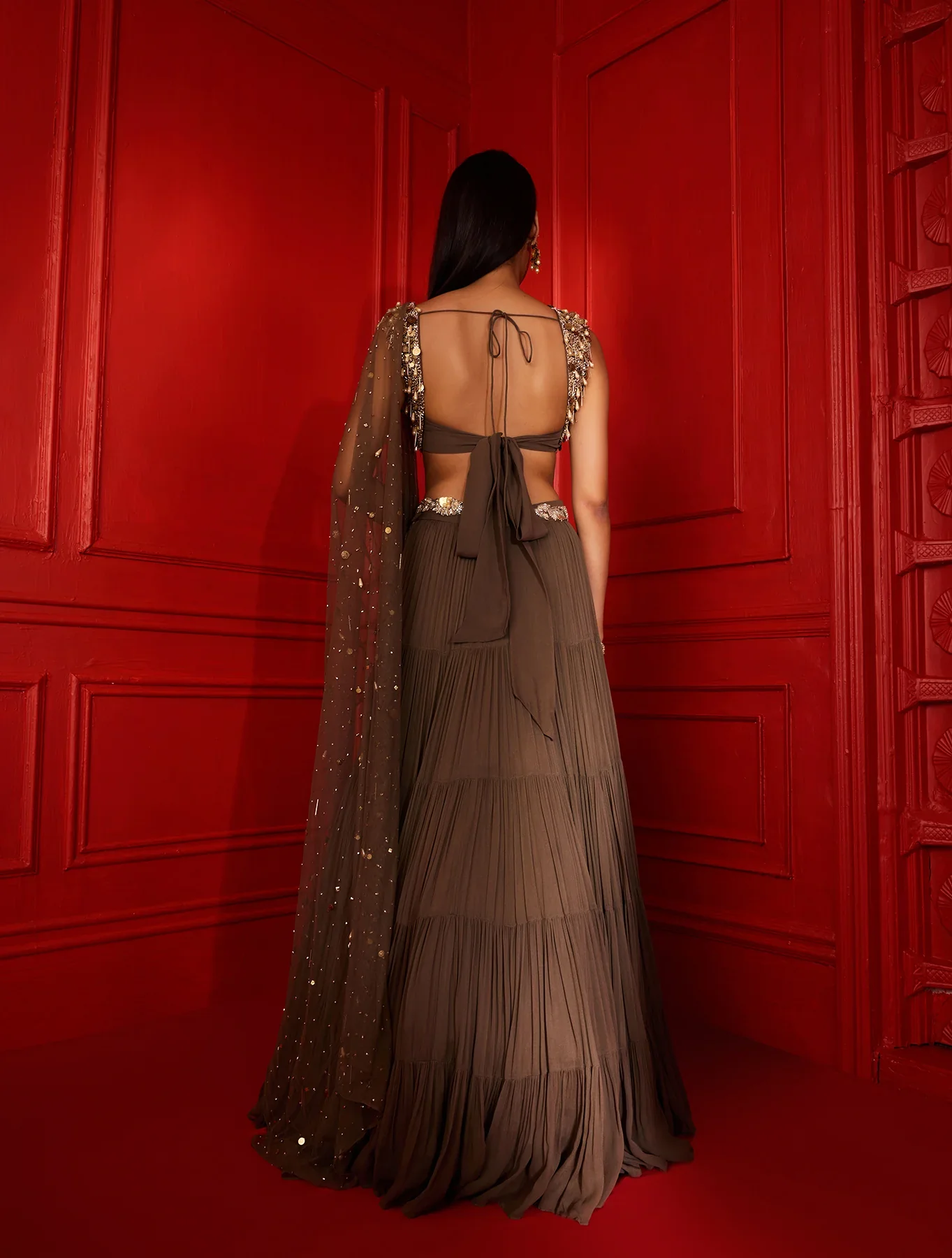 MELIA - Military Brown Tiered Georgette Lehenga - Image 4