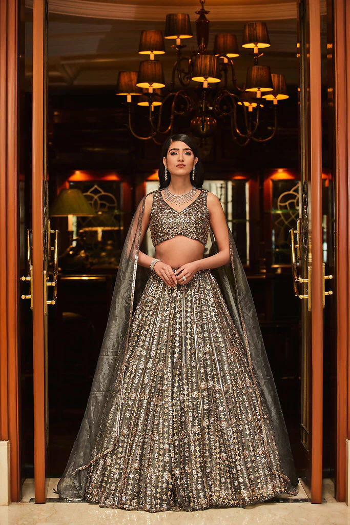 Metallic Grey - Hand Embroidered Lehenga Set