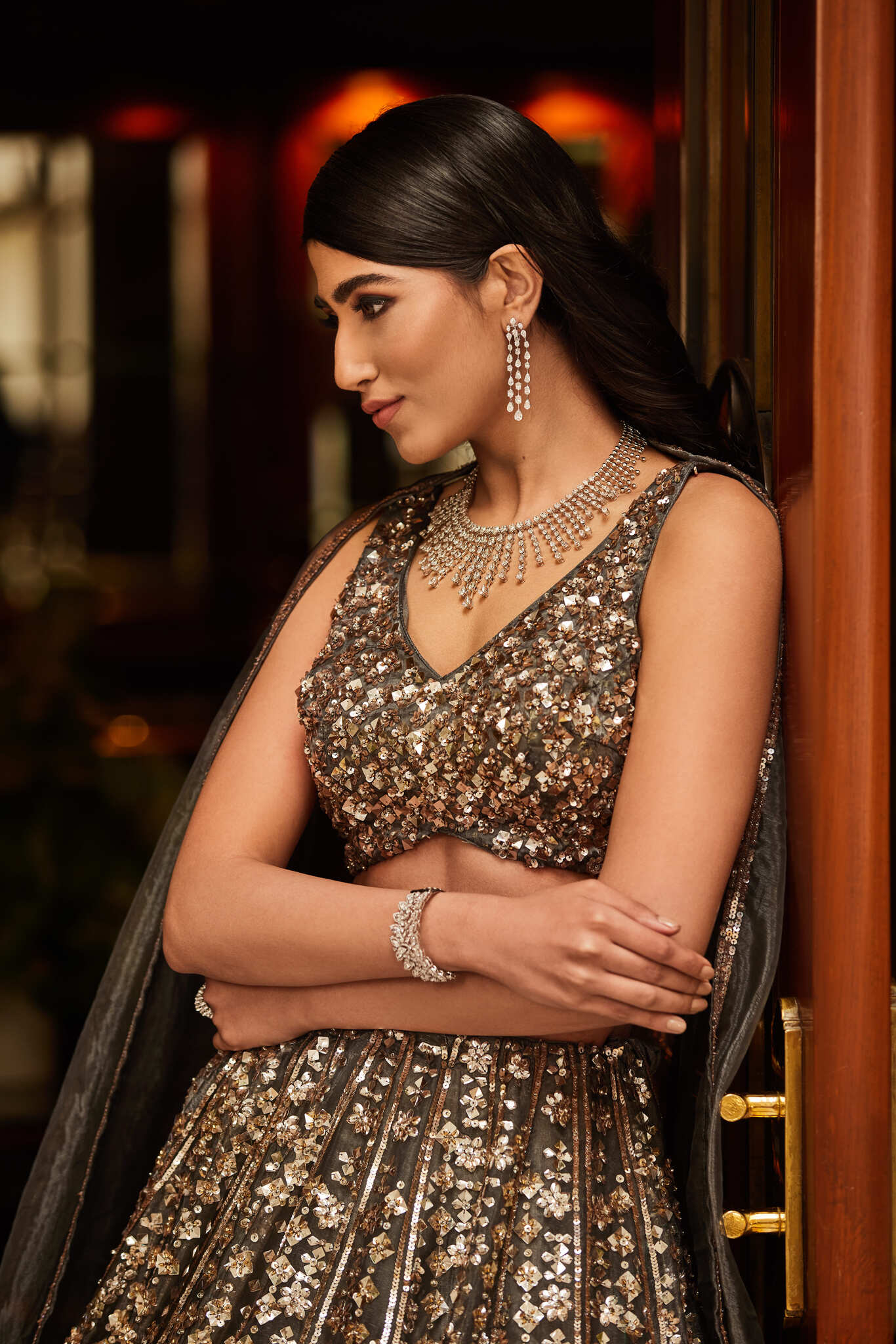 Metallic Grey - Hand Embroidered Lehenga Set - Image 3