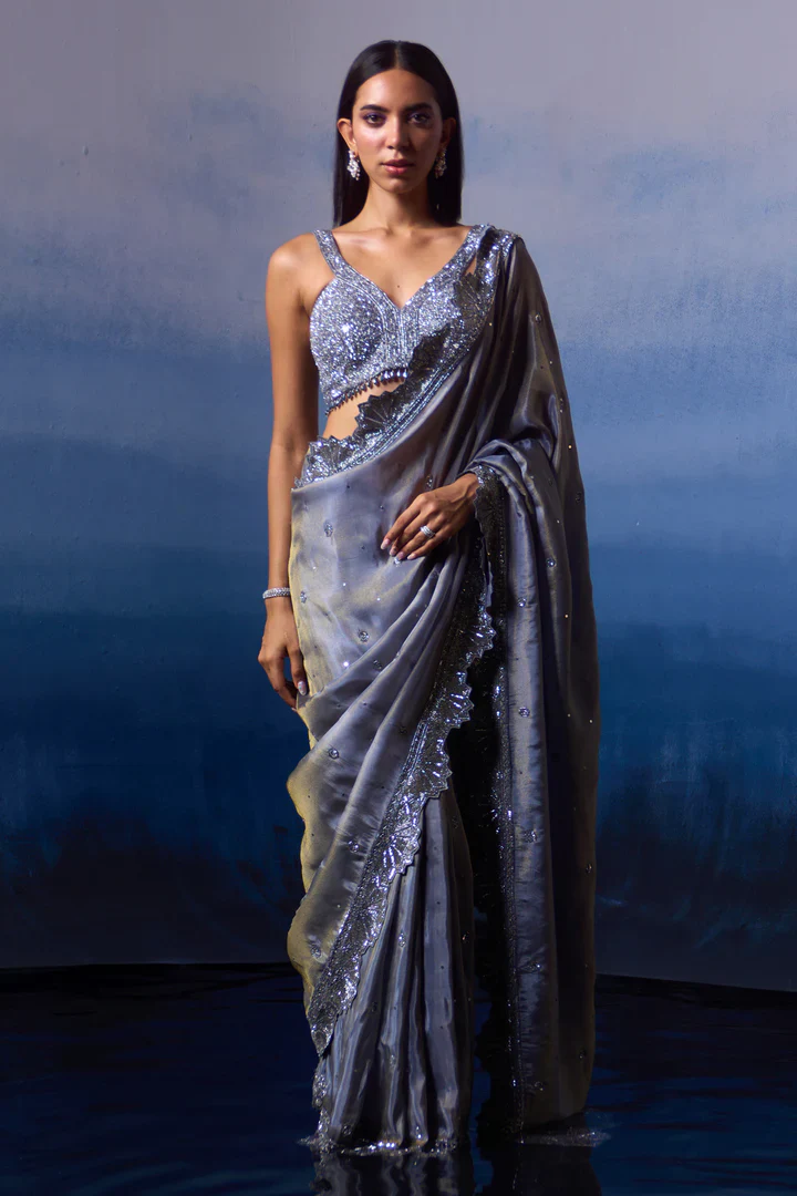 Metallic Grey Tissue Saree