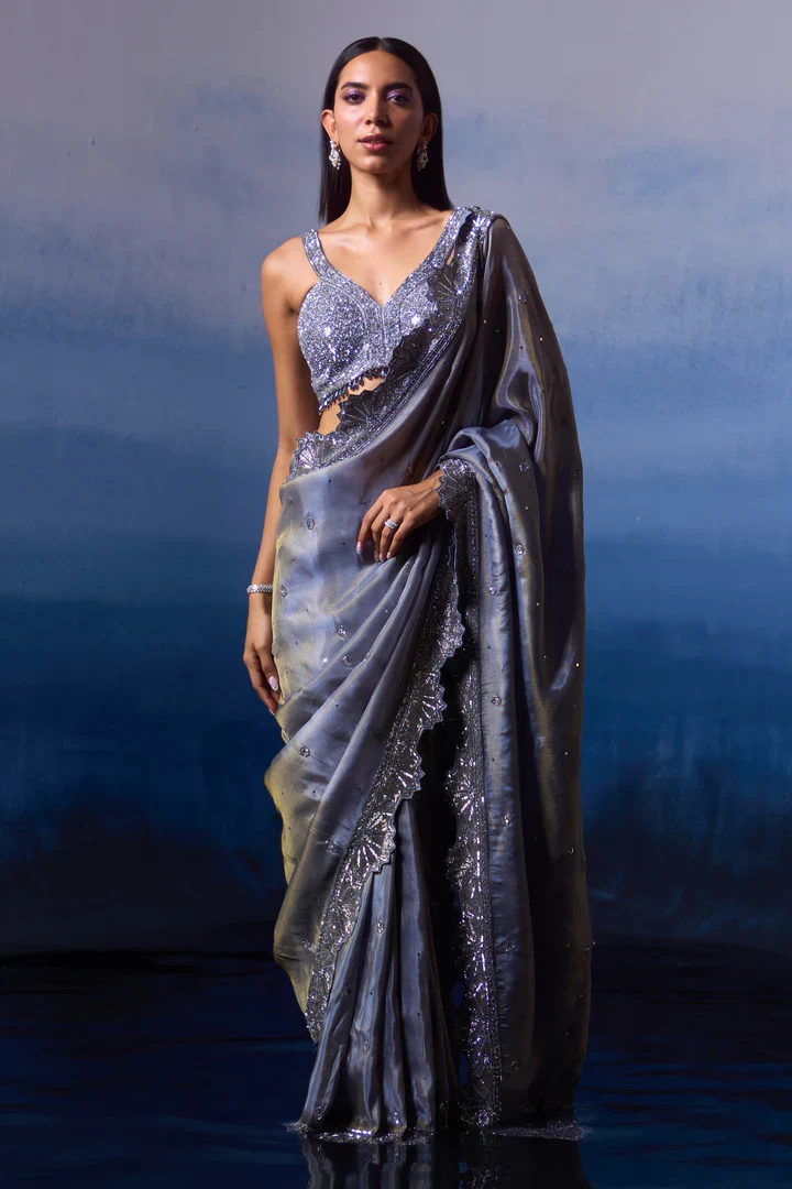 Metallic Grey Tissue Saree - Image 2