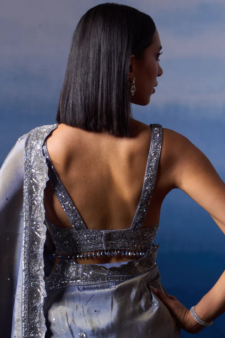 Metallic Grey Tissue Saree - Image 4