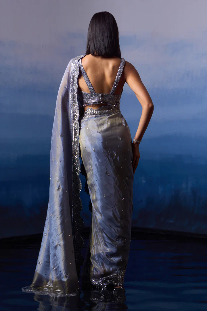 Metallic Grey Tissue Saree - Image 5