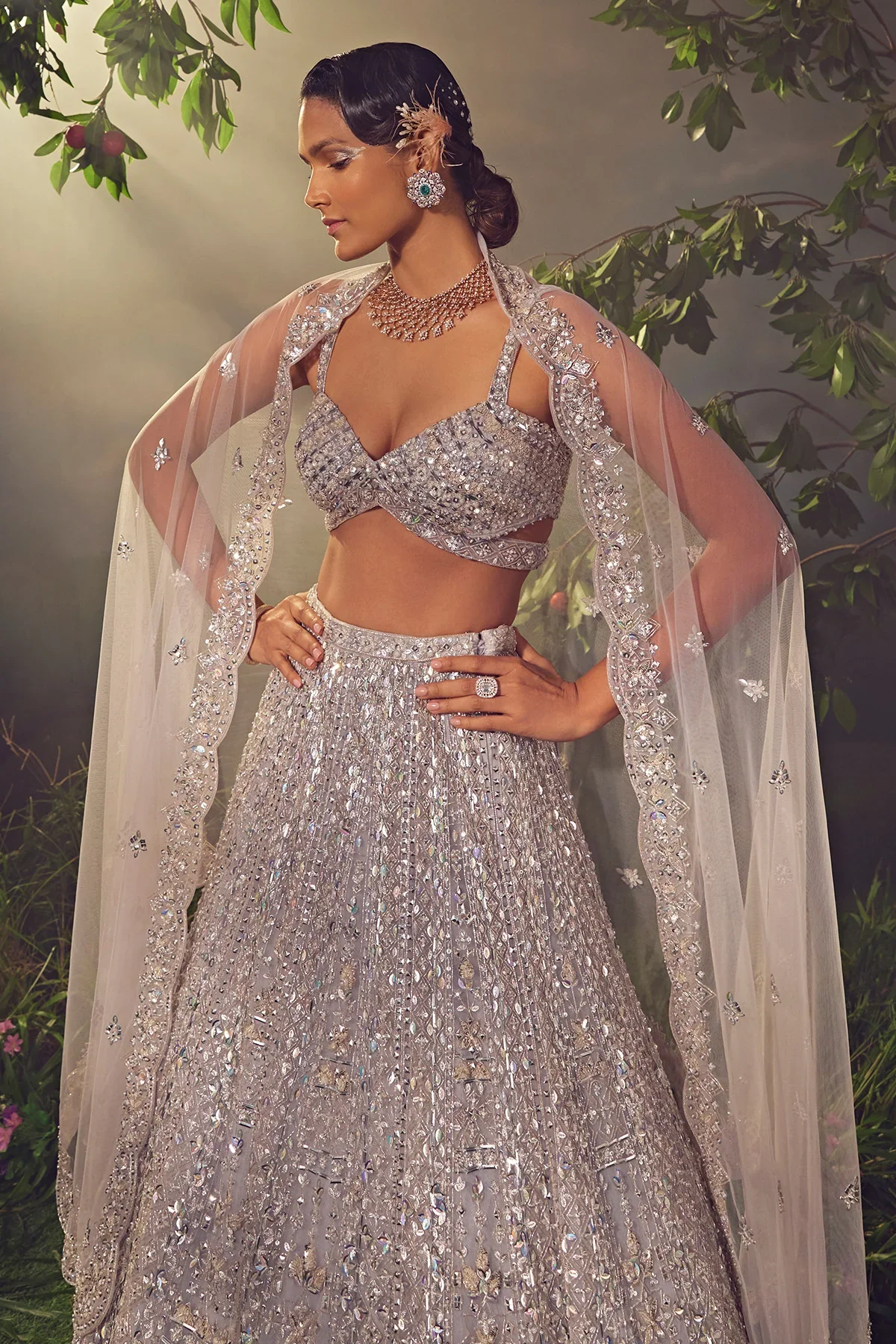Metallic Grey Tulle Lehenga - Image 2