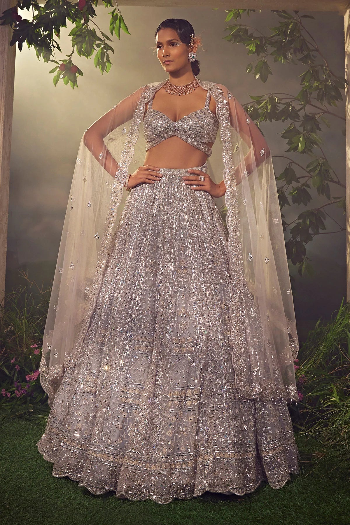 Metallic Grey Tulle Lehenga - Image 5
