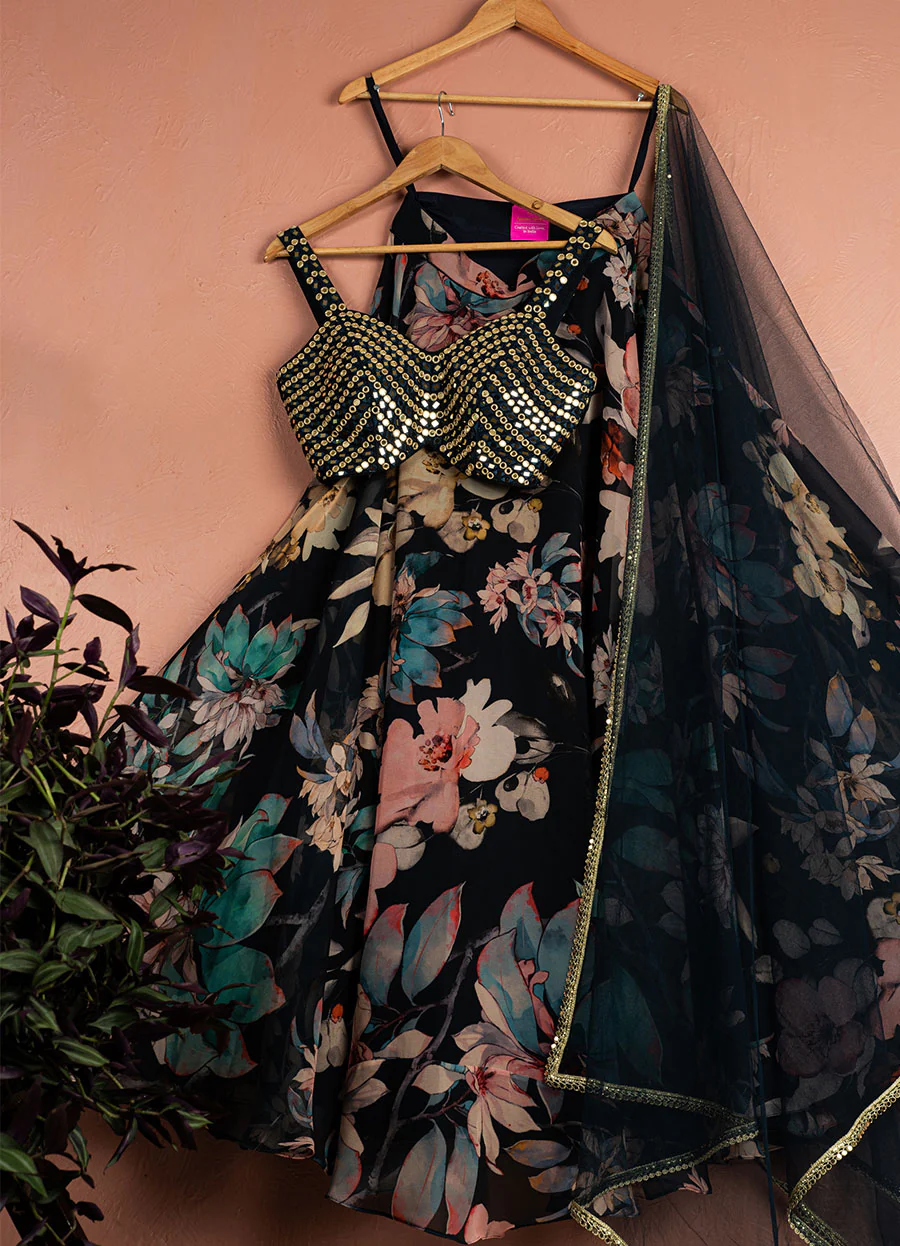 Midnight Blue Floral Blossom Lehenga With Gold & Blue Mirror Work Blouse Set